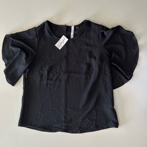 NWT - NY Collections Petite Women’s Black Ruffle Short Sleeve Top Size PXL